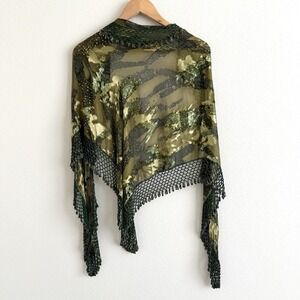 Beaded Sequin Burnout Wrap Green Silky Sheer Sparkle Party Holiday